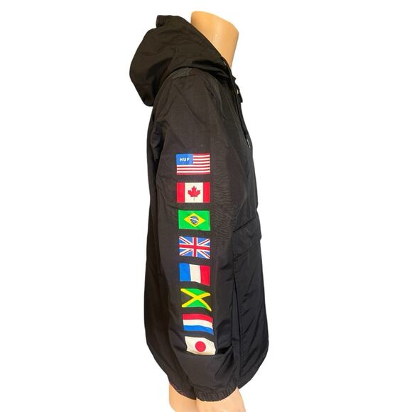 HUF Worldwide Anorak Jacket Mens M Black Flags Half Zip Skateboarder Streetwear - Picture 3 of 13